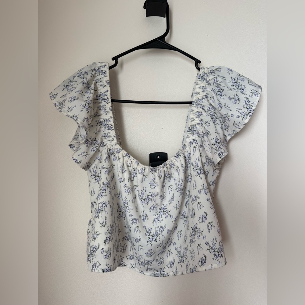 Kittenish White Blouse with Blue Floral Ruffles